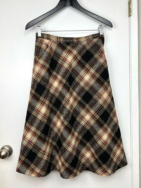 Handmade Vintage Wool Bias Cut Plaid Circle Skirt size 4/6 Brown Tones Pin Up